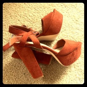 Brown Faux Suede Block Platform Heels